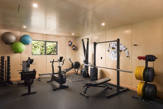 Gym after — plywood-lined home gym with training equipment